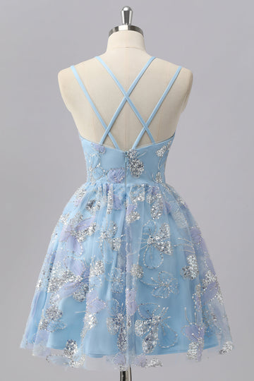Blue Floral A Line Sequin Mini Homecoming Dress